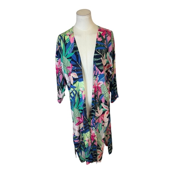 LOFT Kimono Flowy Top Long Shirt Cruise Vacation Size XS S Tropical Floral - Picture 6 of 6